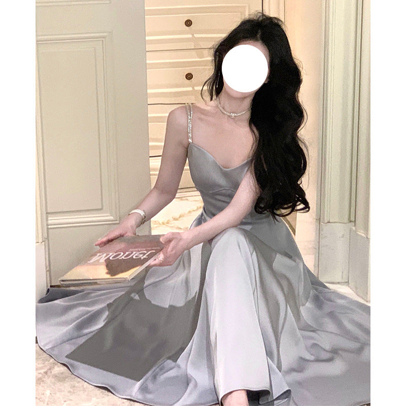 Drill Chain Satin Sling Dress Waist Slimming